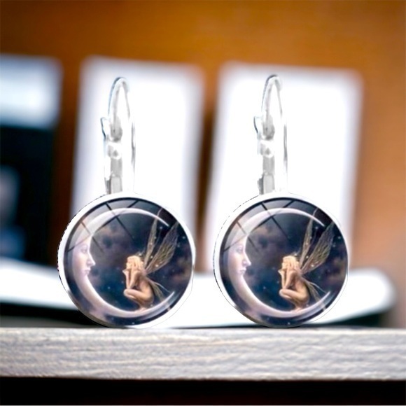 Silver Plated Fairy Moon Glass Earrings - Picture 1 of 2